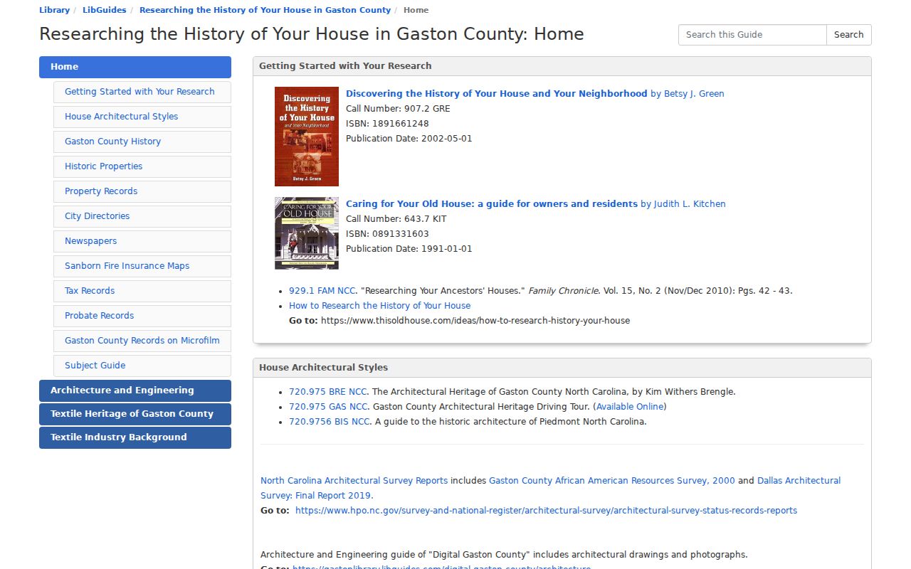 Gaston previous residents library house-history research guide